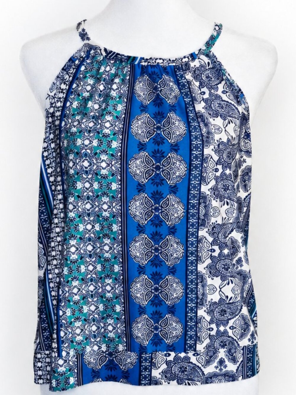 Blue‎ White Nautical Print Halter Top XL Keyhole Tie Back Boho Resort